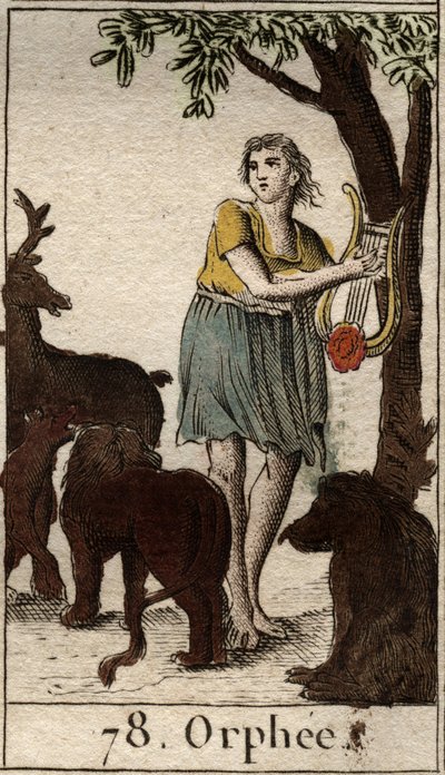 Orfeus okouzluje divoká zvířata hrou na lyru Z „Mythologie de la jeunesse“ od Pierra Blancharda 1803. od French School