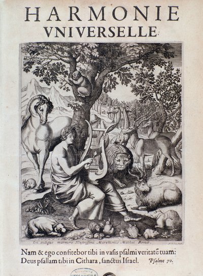 Orfeus hraje pro zvířata. Frontispis knihy Harmonie universelle od Marina Mersenna od French School
