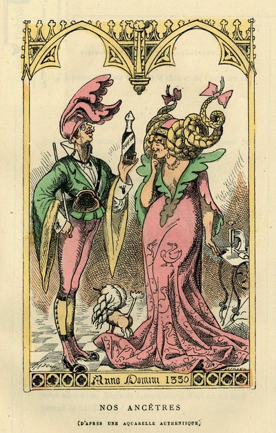 Naše Ancetres, karikatura podle akvarelu z roku 1330. V "Histoire de France Tintamarresque" od Touchatouta, Paříž. od French School