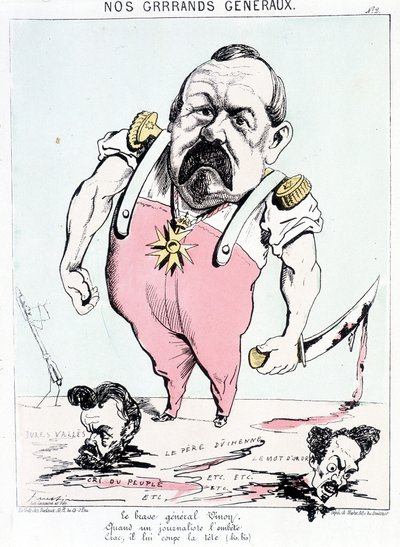 Naši velcí generálové: statečný generál Vinoy, když ho obtěžuje novinář, prásk, usekne mu hlavu. Karikatura o Vinoyovi a komuně. od French School