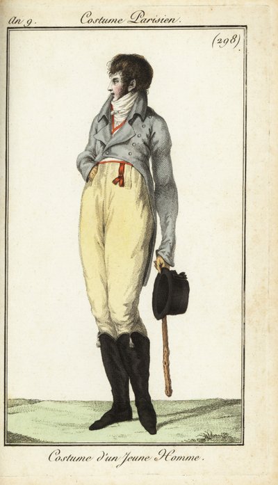 Oblečení mladého muže nebo Incroyable, květen 1801 (ručně kolorovaná mědirytina) od French School