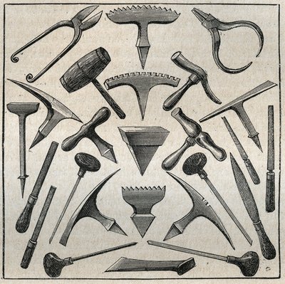 Golfevre nástroje. Rytina z roku 1885 v „Les arts et professions illustrés““ od Adolphe BITARDA. od French School