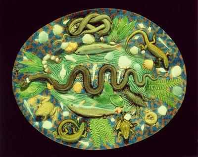 Oválná mísa s rybami a plazy, reprodukce nádobí Bernard Palissy (hliněné nádobí) od French School