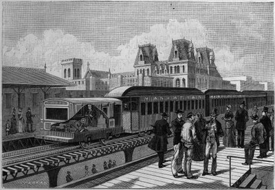 Přehled stanice Elevated Railroad a elektrického vlaku v New Yorku, USA. Gravírování v „“ La Nature. Revue des sciences et de ses applications aux arts et a l