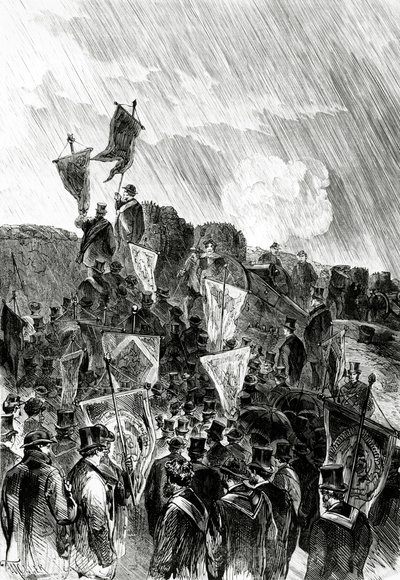 Pacifistická demonstrace na opevnění od svobodných zednářů dne 28. dubna 1870 s požadavkem zastavení bombardování Paříže z Le Monde Illustré, 5. května 1870 od French School