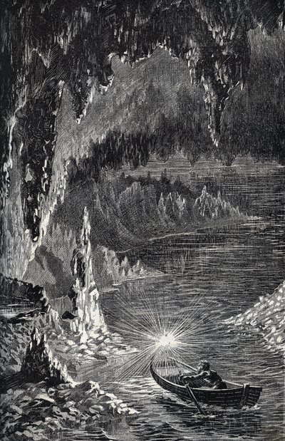 Jeskyně Padirac v departementu Lot, ve Francii - Podzemní řeka - Gouffre de Padirac - v Lotu ve Francii - rytina „“ PATRIE“ - PIQUE POPIS FRANCIE V 6 SVAZTECH LUCIEN HUARD - konec 19. století od French School