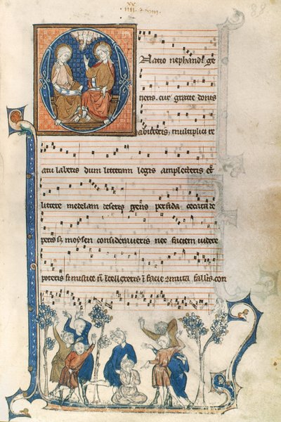 Stránka z rukopisu pro pařížského zpěváka s ilustracemi Nejsvětější Trojice a hry Blind Mans Bluff, c.1280-1315 od French School