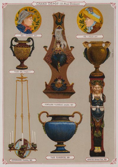 Stránka z katalogu Grand Depot de Porcelaines, Faiences et Verreries (barevné lito) od French School