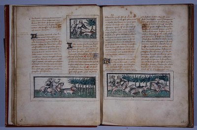 Strany 57 a 58, z Le Livre du Roy Modus et de la Royne Racio, od Henri de Ferrieres, kolem 1420 (pero a inkoust a wc na papíře) od French School