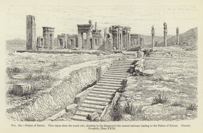 Palác Darius, pohled z jižní strany, ukazující v popředí centrální schodiště vedoucí do paláce Xerxes od French School