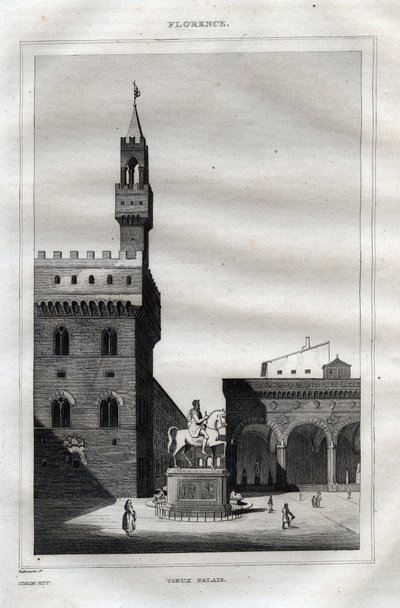 Palazzo vecchio ve Florencii - Piazza della Signoria - Rytina z “” Malebné Itálie” - Historická a popisná malba Itálie” od M. de Norvinse, Ch. Nodier 1834-1836. od French School