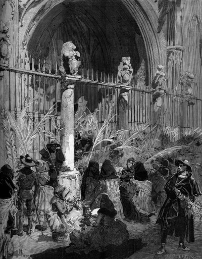 Květná neděle ve Španělsku: prodej benitových palem před katedrálou v Toledu. Rytina Panny v „The Illustrous World““ č. 1200 z 27. března 1880. od French School