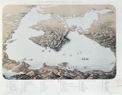Panoramatický pohled a plán Sevastopolu a pobřeží Černého moře v době krymské války, 1855 od French School