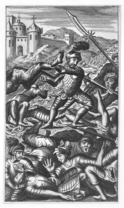 Pantagruel porazil tři sta obrů, ilustrace z „Gargantua a Pantagruel“, od Françoise Rabelaise (rytina) od French School
