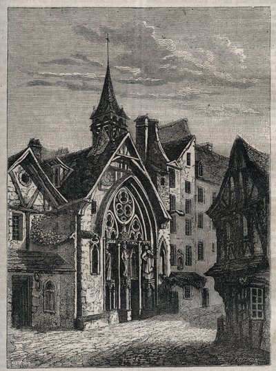 Paříž - Rue Saint-Martin, kostel Saint-Julien-des-Menetriers (Saint Julien des Menetriers) Rytina do „“ Fyzických, občanských a morálních dějin Paříže: od prvních historických dob po současnost“ od Jacquese Antoine Dulaure od French School