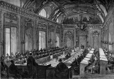 Paříž, 4. srpna 1871: první zasedání městské rady v Trůnním sále Palais du Luxembourg. Rytina v „“ Le Monde Illustré““ č. 748 z 12. srpna 1871. od French School