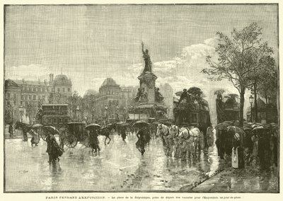 Paříž během výstavy, Place de la Republique, místo odjezdu vozů na výstavu, za deštivého dne (rytina) od French School