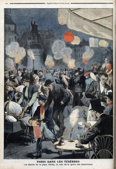 Paříž ve tmě - Okolí Clichy place, večer stávky elektrikářů - "Le petit Journal", březen 1907 (rytina) od French School