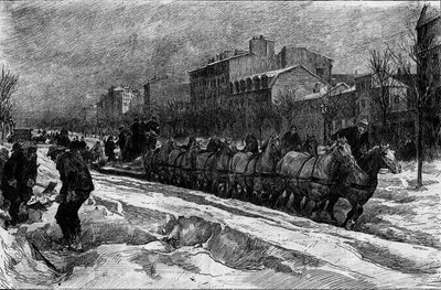 Paříž pod sněhem, zima 1879-1880: ledový pluh (hon na sníh) na Boulevard Montparnasse. Rytina v „“ Le Monde Illustré““ č. 1188 z 3. ledna od French School