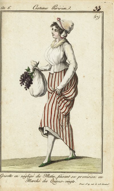 Pařížská obchodní dívka v neformálních ranních šatech, 26. března 1798 (ručně kolorovaná mědirytina) od French School