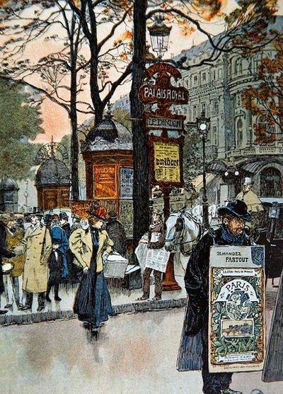 Pařížská pouliční scéna poblíž stanice metra Palais-Royal, kolem roku 1900 (barevné lito) od French School