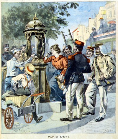 Pařížané pijící kolem Wallaceovy fontány – v „Le Petit Journal“ z 19. 8. 1900 (rytina) od French School