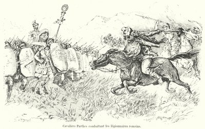 Parthská jízda útočící na římské legionáře (rytina) od French School