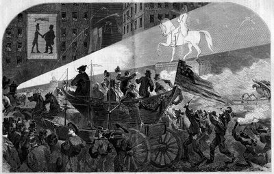 Party v ulicích New Yorku (New York) na oslavu instalace transatlantického telegrafického kabelu mezi Spojenými státy (Spojené státy americké) a Anglií v roce 1858. Rytina v „“ Le Monde Illustré““ č. 79 ze 16. října 1858. od French School