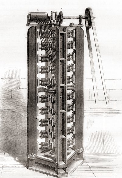 Vertikální elektromotor Paula-Gustava Fromenta, kolem roku 1844, z Les Merveilles de la Science, publikovaný kolem roku 1870 (rytina) od French School