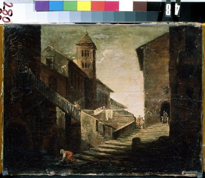 ""Krajina ve francouzské vesnici"" Most a řeka v oblíbené čtvrti. Francouzská školní malba. Muzeum umění Michaila Krošitského z počátku 18. století, Sevastopol (Sevastopol) Ukrajina od French School