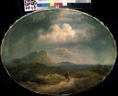 ""Italská krajina"" Přímořská krajina v bouřlivém počasí s párem na silnici. Malba francouzské školy z počátku 19. století. Michail Kroshitsky Art Museum, Sevastopol (Sevastopol) Ukrajina od French School