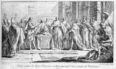 Mír mezi Raymondem VII. a svatým Ludvíkem 1229 v "Histoire générale de Languedoc" od Josepha Vaissete, Paříž. od French School