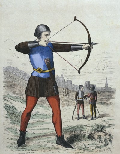 Pěší lukostřelec ve 13. století, ilustrace z Costumes de Paris a travers les siecles od H. Gourdona de Genouillac, rytina A. Renarda (19. století) (barevná rytina) od French School