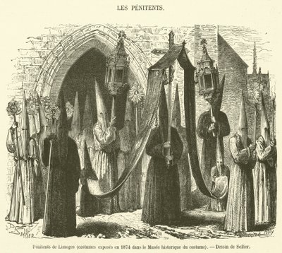 Penitents of Limoges, kostýmy vystavené v roce 1874 v Muzeu historických kostýmů (rytina) od French School