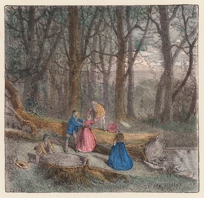 Lidé lezoucí přes pokácený strom (barevná rytina) od French School