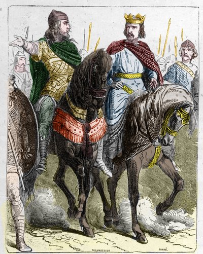 Pepin II de Herstal, známý jako Pepin le Gros nebo Pepin le Jeune (645 -714) s Clovisem III, králem franků v letech 691 až 695. od French School