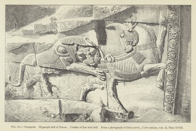 Persepolis, hypostylová síň Xerxes, boj lva s býkem od French School