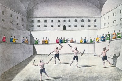 Perští sportovci cvičící v tělocvičně, cca 1820 (barevná rytina) od French School