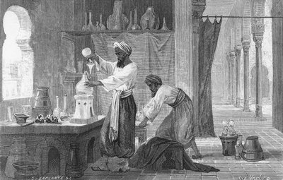 Perský alchymista Rhazes ve své laboratoři (rytina) od French School