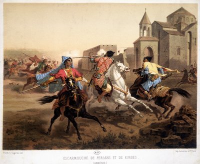 Perská a kurdská šarvátka v Arménii - litografie od French School