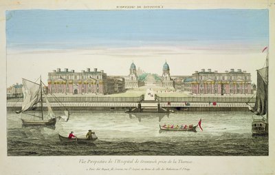 Perspektivní pohled na nemocnici Greenwich na Temži, vyryto Huquierem (barevná rytina) od French School