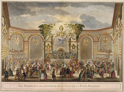 Perspektivní pohled na interiér pokoje na náměstí Dauphine (barevná rytina) od French School