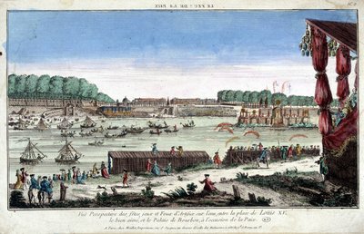 Perspektivní pohled na večírky, hry a ohňostroje na vodě, mezi Place Louis XV a Palais Bourbon, u příležitosti míru od French School