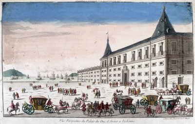 Perspektivní pohled na palác vévody z Aveiro v Lisabonu - rytina od French School