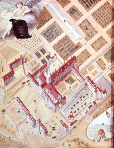 Perspektivní pohled na opatství Port Royal des Champs (Port-Royal-des-Champs) vzdušnou čarou. Kresba kvašem z 18. století. Muzeum ve Versailles od French School