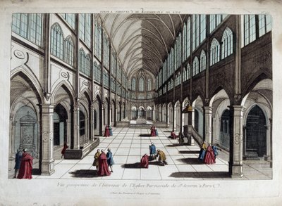 Perspektivní pohled na interiér kostela Saint Severin v Paříži - optický pohled od French School