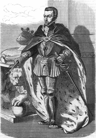 Filip II. (1527-1598), španělský král. V ""Populární historie Francie"", nd. kolem 1885. Rytina. od French School