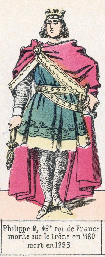Philippe 2, 42. král Francie, nastoupil na trůn v roce 1180, zemřel v roce 1223 (barevná rytina) od French School