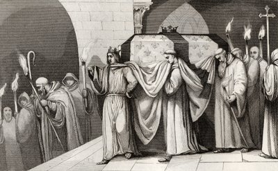 Philippe III (1245-85) Smělý pomáhá nést rakev svého otce, z „Histoire de France“ od Colarta, vydané kolem roku 1840 od French School
