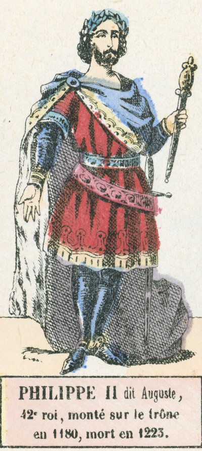Philippe II dit Auguste, 42. král, nastoupil na trůn v roce 1180, zemřel v roce 1223 (barevná rytina) od French School